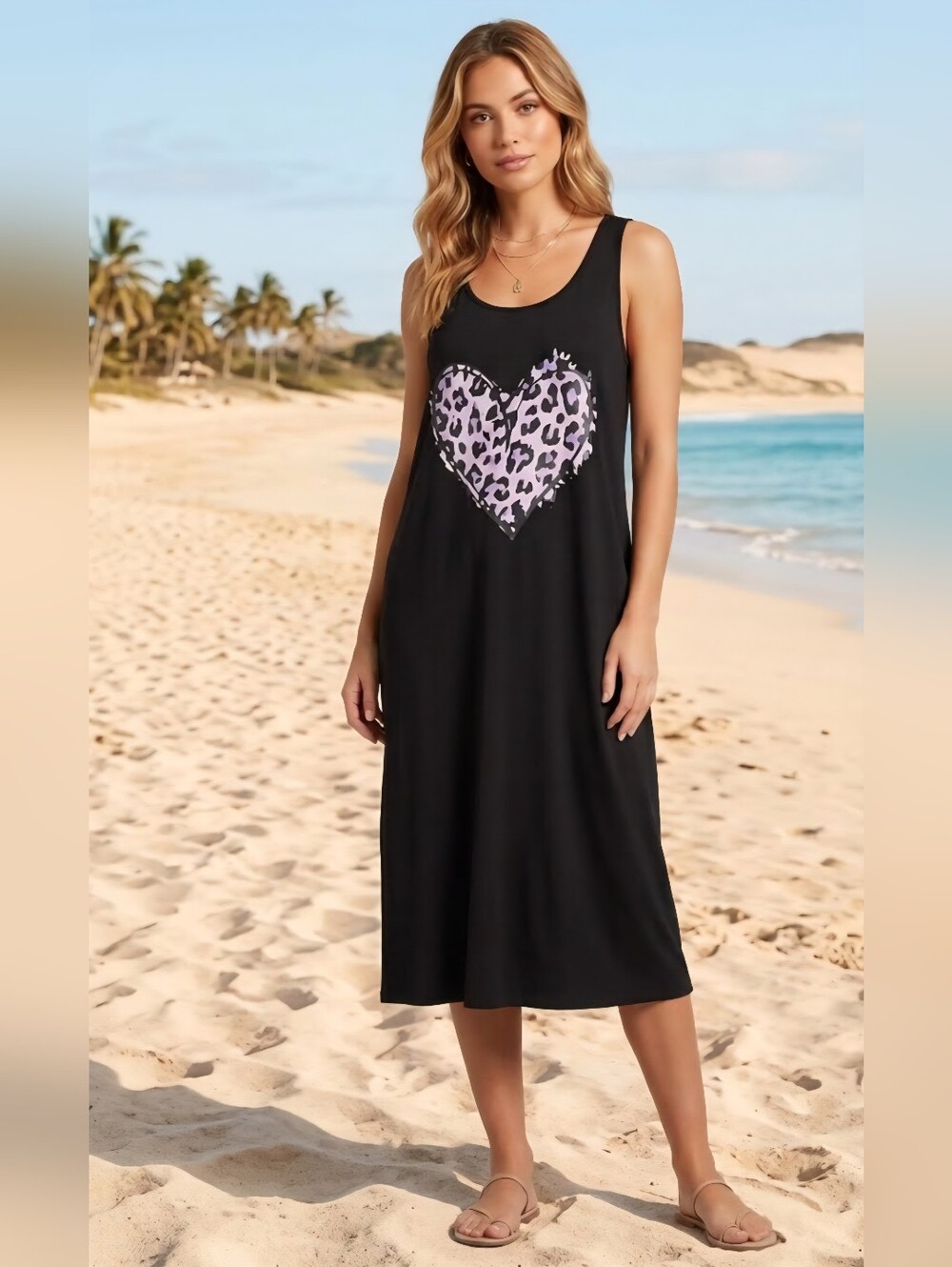 Black Tank Midi Dress with Lavender Leopard Heart Cover-up